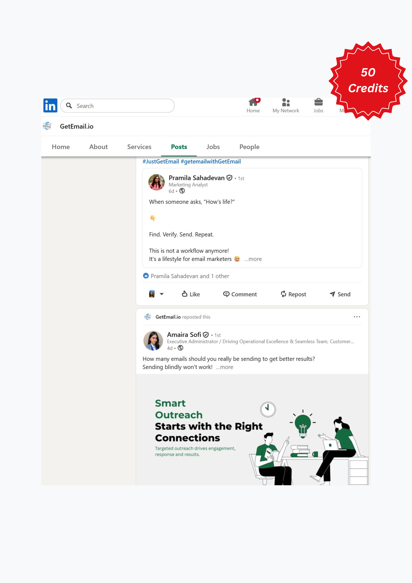 Post on LinkedIn tagging GetEmail.io to get 50 credits