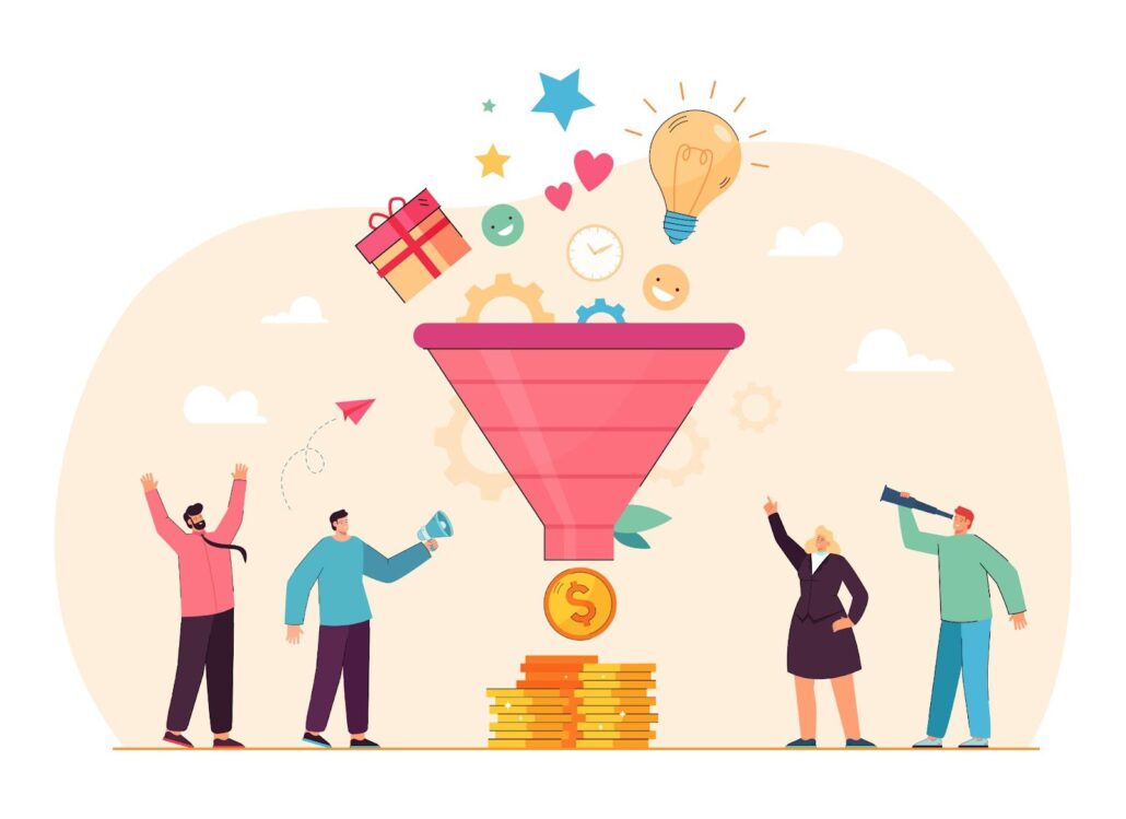 Vector image showing a funnel that takes in all fun things done through marketing and how it is converted into revenue.