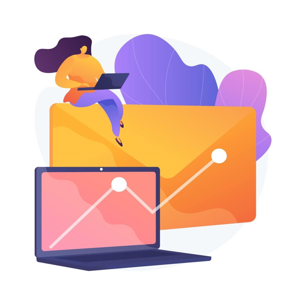 Vector image of a laptop transitioning into a big email icon. On the email icon, a girl sits holding another laptop.